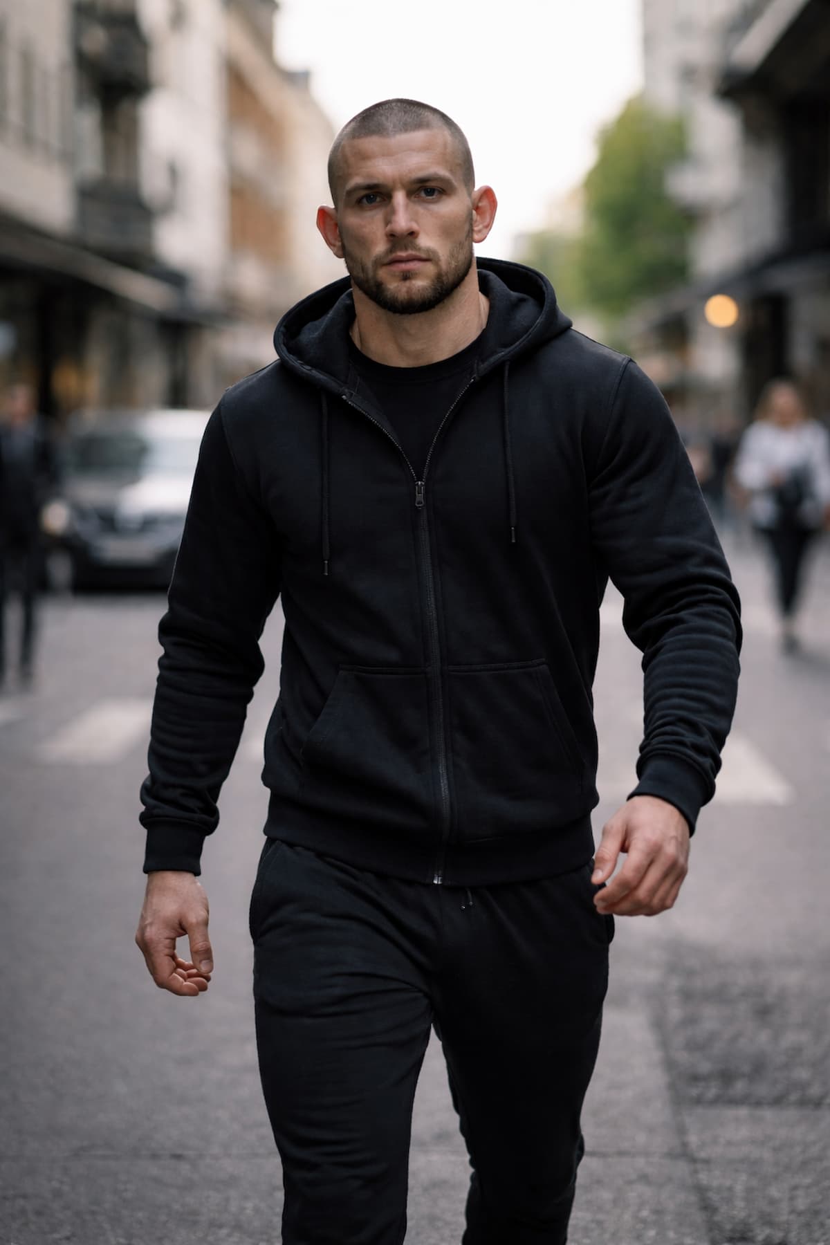 Kampfsport-Athlet mit Trainingsanzug auf der Straße