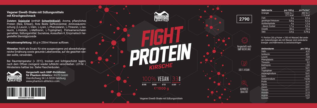 Fight Protein Kirsche in der 1000g-Packung von Phantom Athletics bietet eine schnelle und hochwertige Proteinquelle, die die Erholung und den Muskelaufbau im Kampfsport fördert. Der fruchtige Kirschgeschmack macht es zur idealen Ergänzung nach dem Training in Sportarten wie Muay Thai und Kickboxen.