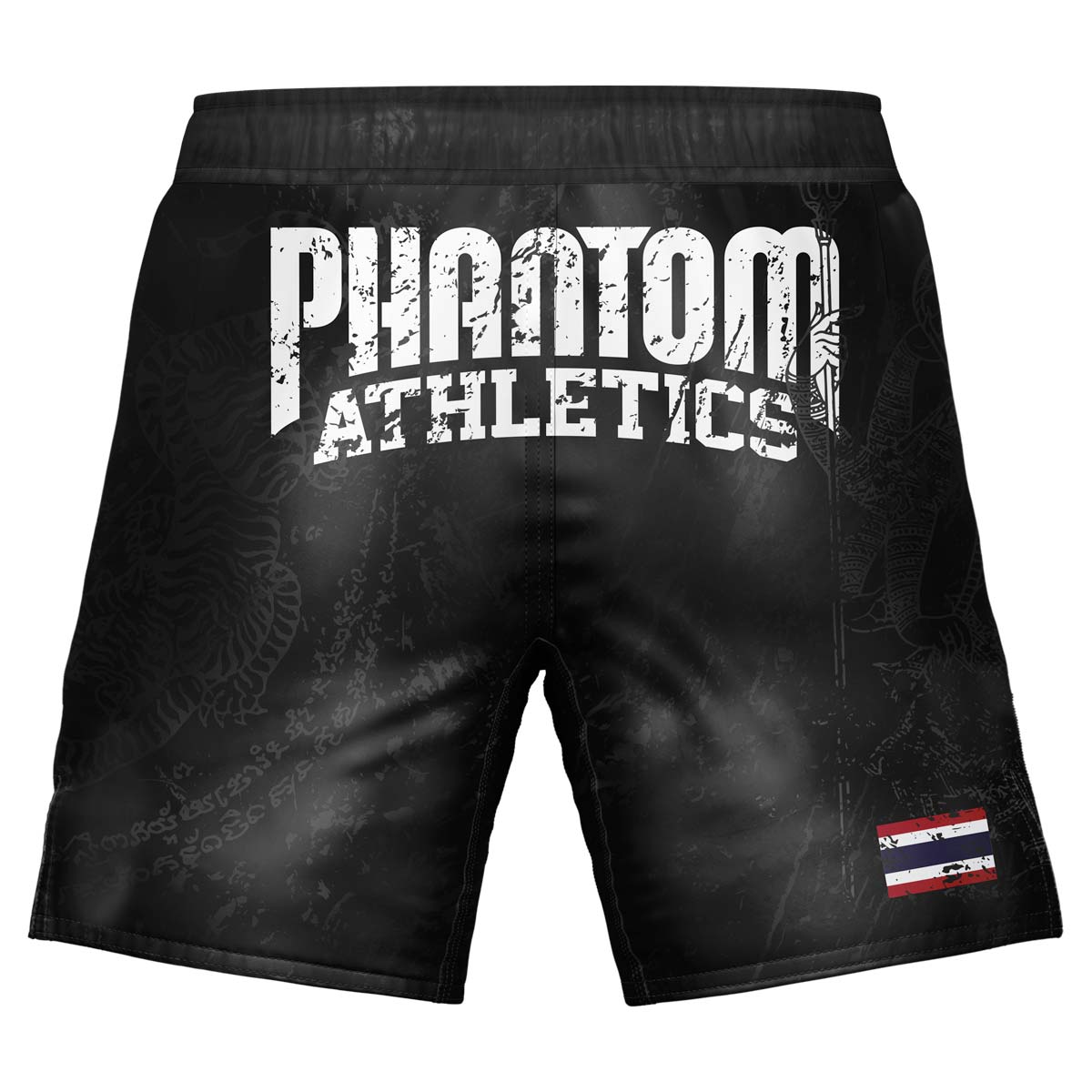 Phantom EVO Muay Thai Fightshorts mit thailändischer Flagge und Sak Yant Tiger Design. 