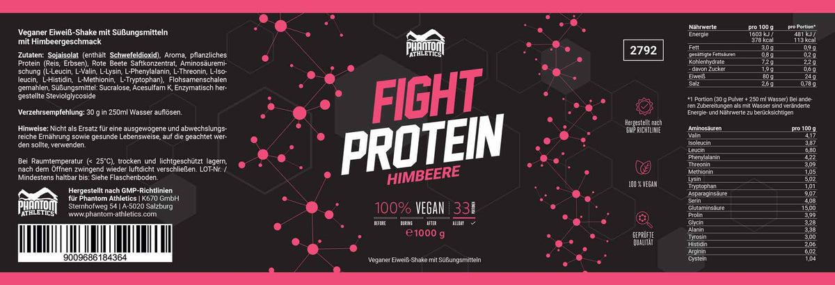 Hochwertiges Fight Protein Raspberry von Phantom Athletics, perfekt für Kampfsportler und Fitnessfans. Essenzielle Proteine unterstützen Erholung und Muskelwachstum.