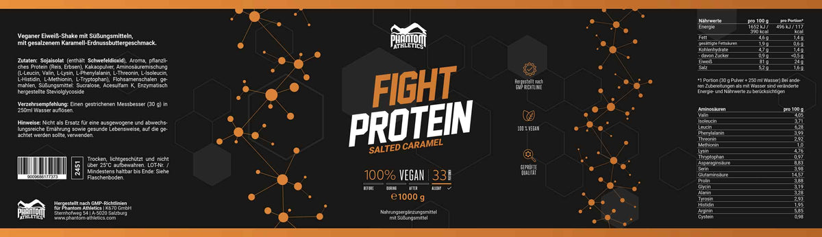 Die Inhaltsstoffe des Phantom FIGHT Proteins für Kampfsportler mir Salted Karamell Geschmack.