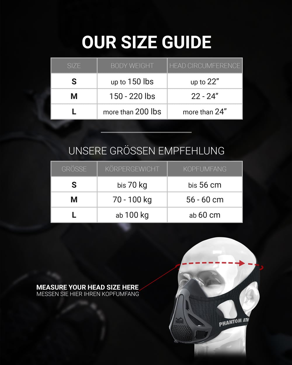 Größentabelle für die Phantom Trainingsmaske. Das perfekte Trainingsgerät um deine Kondition im Kampfsport zu steigern.