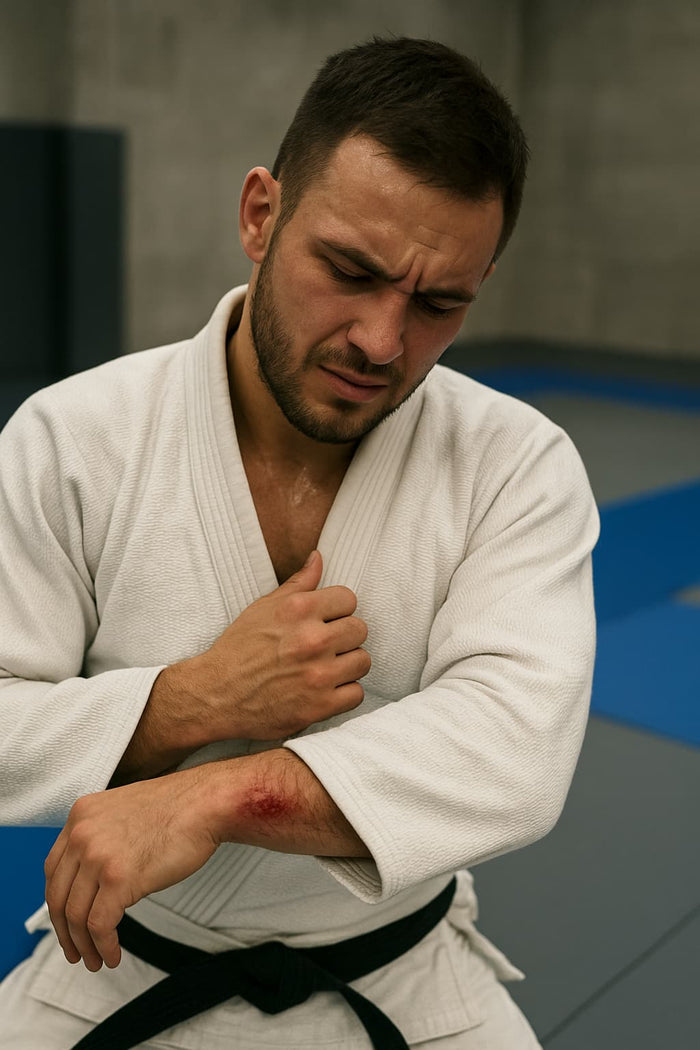 BJJ-Blackbelt im Gi mit einem Mattenbrand