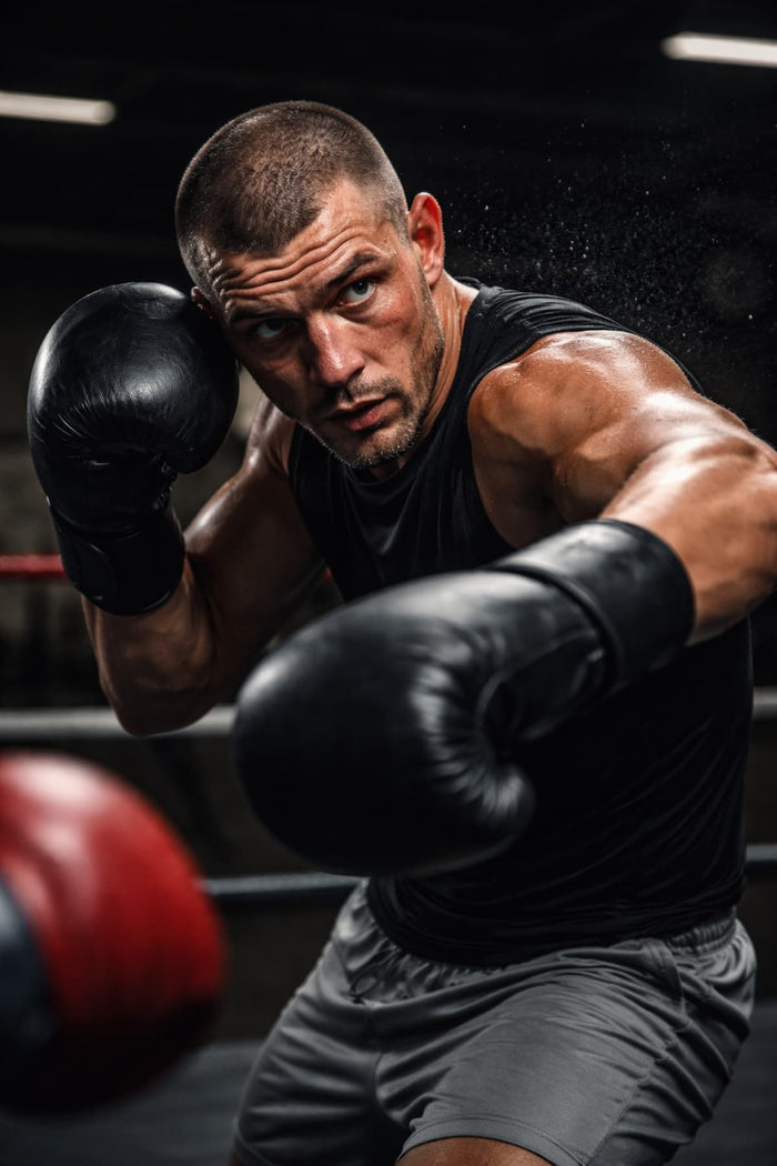 Kampfsport-Athlet beim Boxtraining während einer Ausweichbewegung