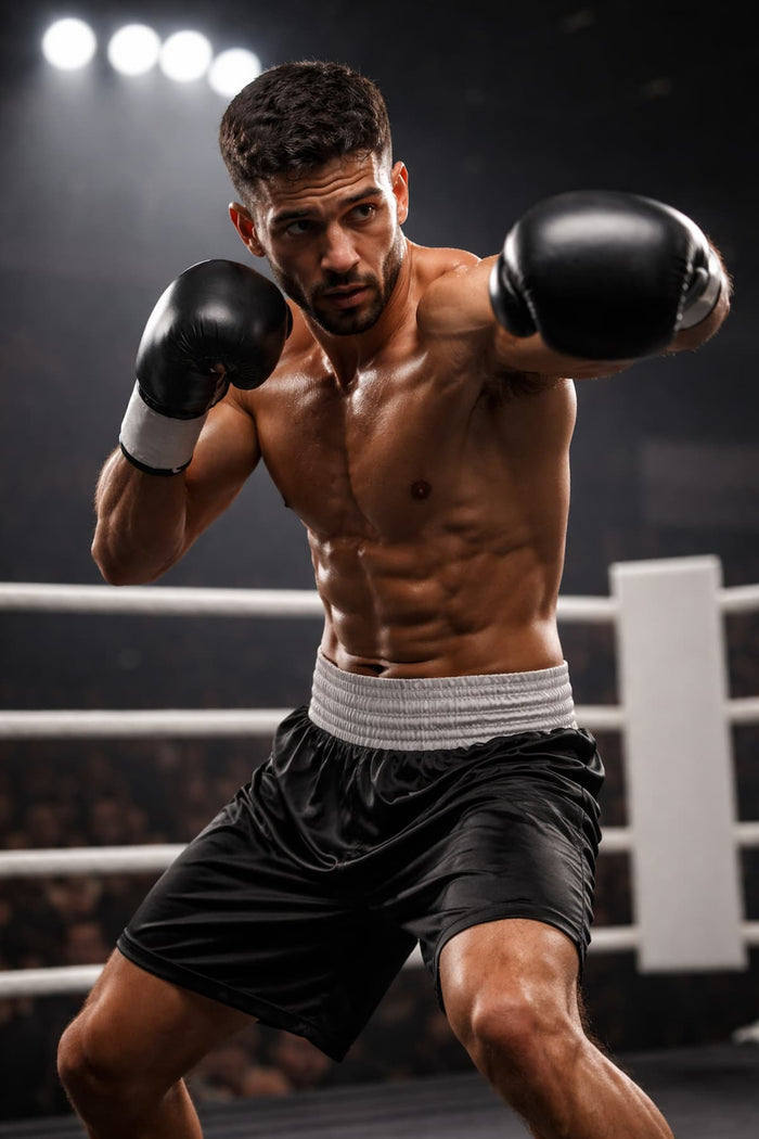 Boxer mit Boxhandschuhen und Fight Shorts im Ring während einem Kampf