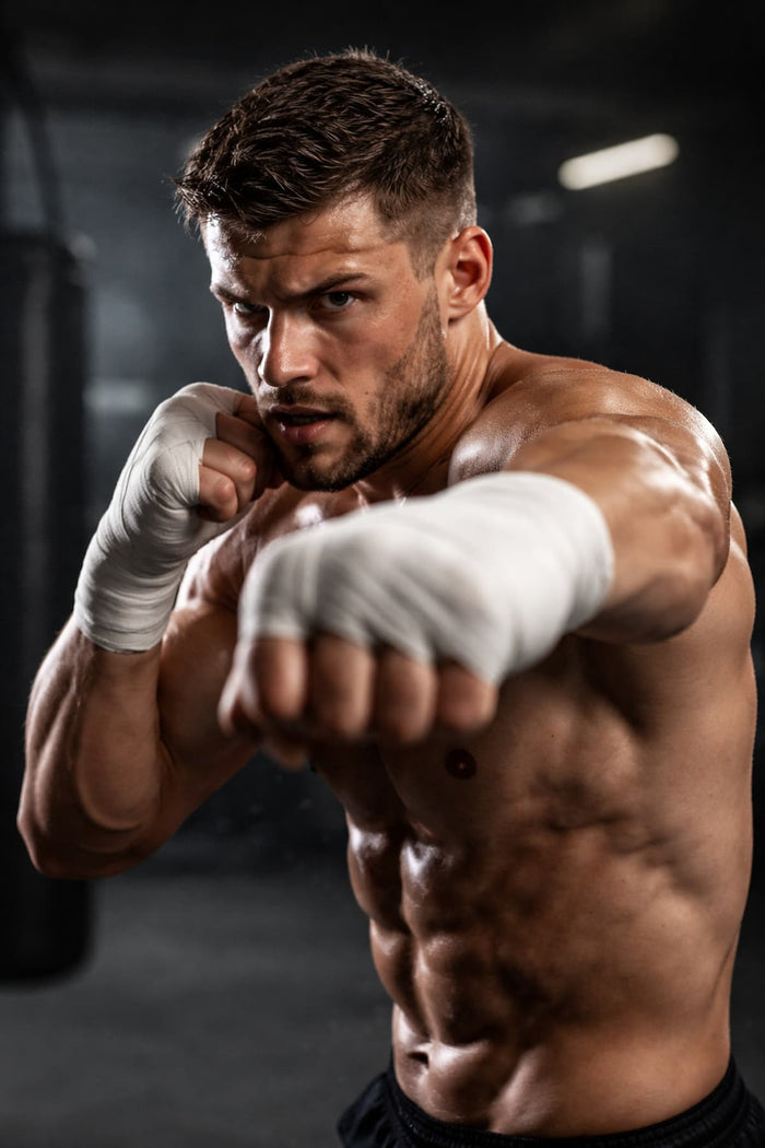 Kampfsport-Athlet mit Boxbandagen beim Schlagkrafttraining