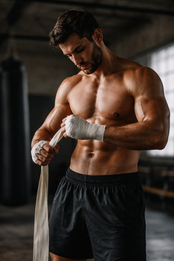 Kampfsport-Athlet beim Binden seiner Boxbandagen