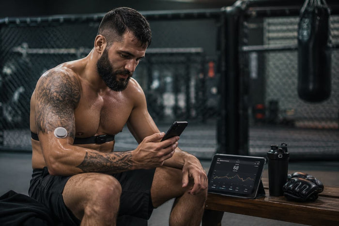 Kampfsport-Athlet im Gym, der gerade seine Herzratenvariabilität (HRV) mit einem Gerät checkt