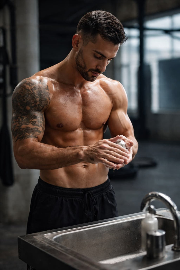 Kampfsport Athlet während der Handpflege nach dem Training