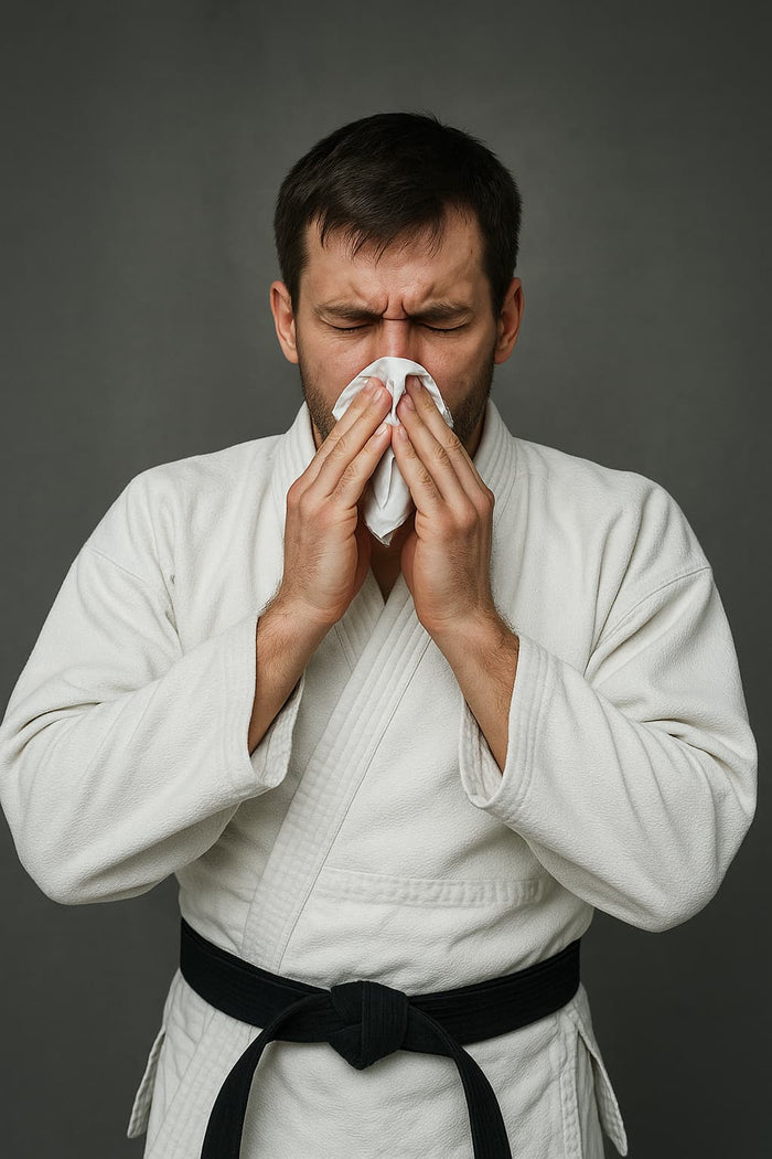 BJJ-Fighter im Gi mit Erkältungssymptomen