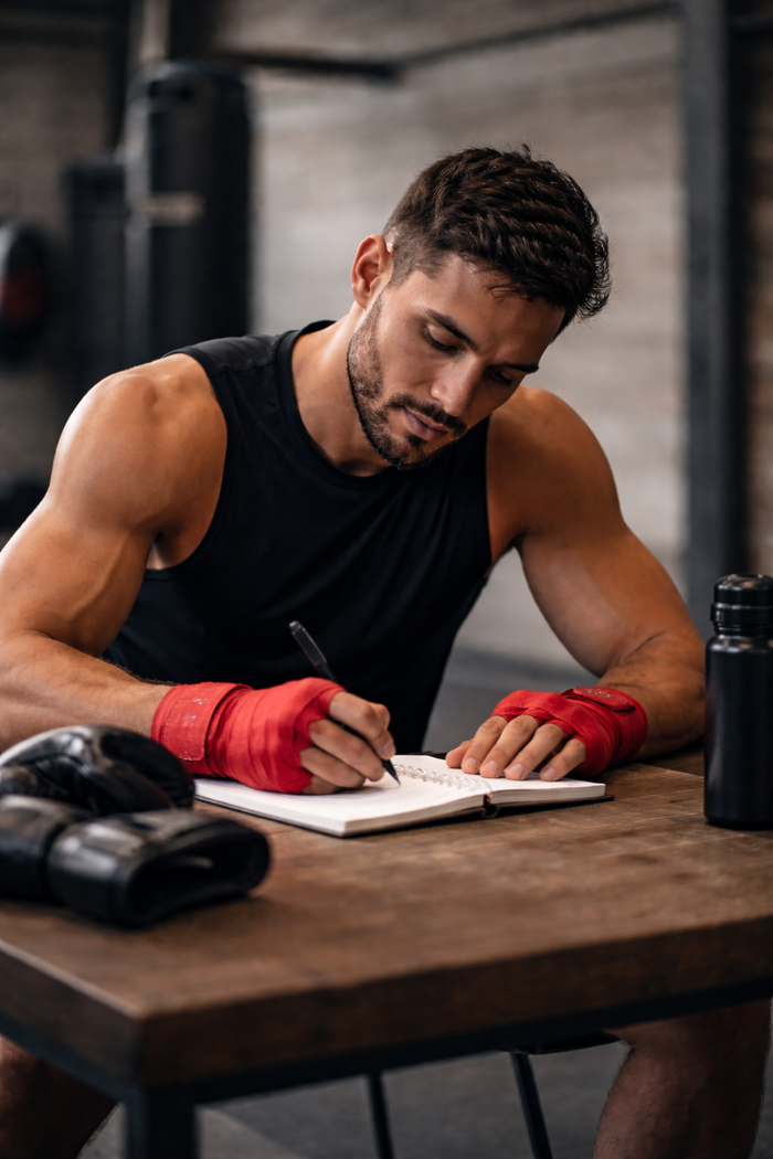 Kampfsport Athlet beim Verfassen seiner Jahresziele zum Start des neuen Jahres