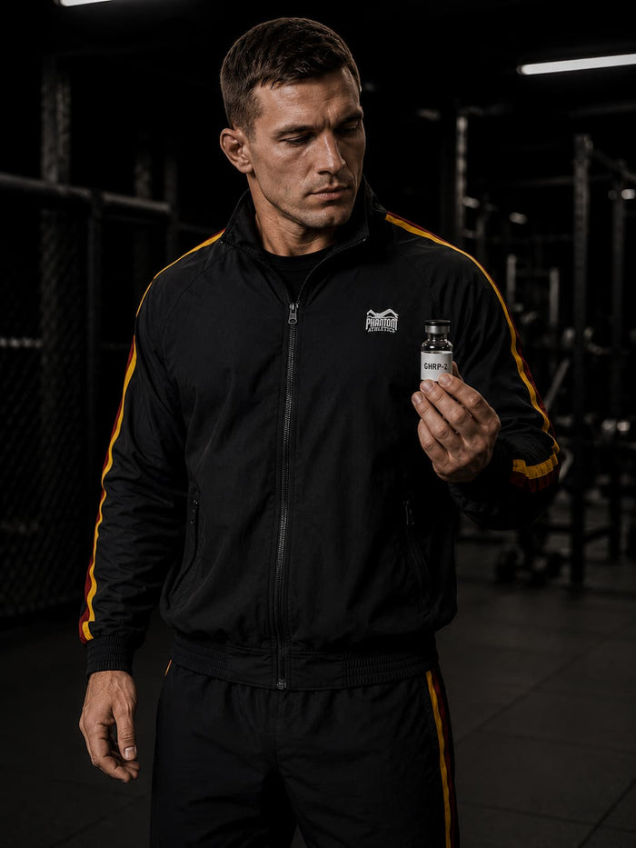 Kampfsport-Athlet mit Phantom Athletics Trainingsjacke Team Germany im Gym, der gerade das Peptid GHRP-2 in der Hand hält