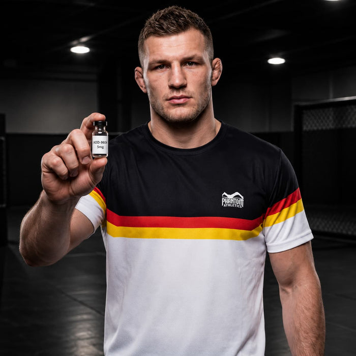 Kampfsport-Athlet mit Phantom Athletics Trainingsshirt Team Germany, der gerade das Peptid AOD-9604 in der Hand hält