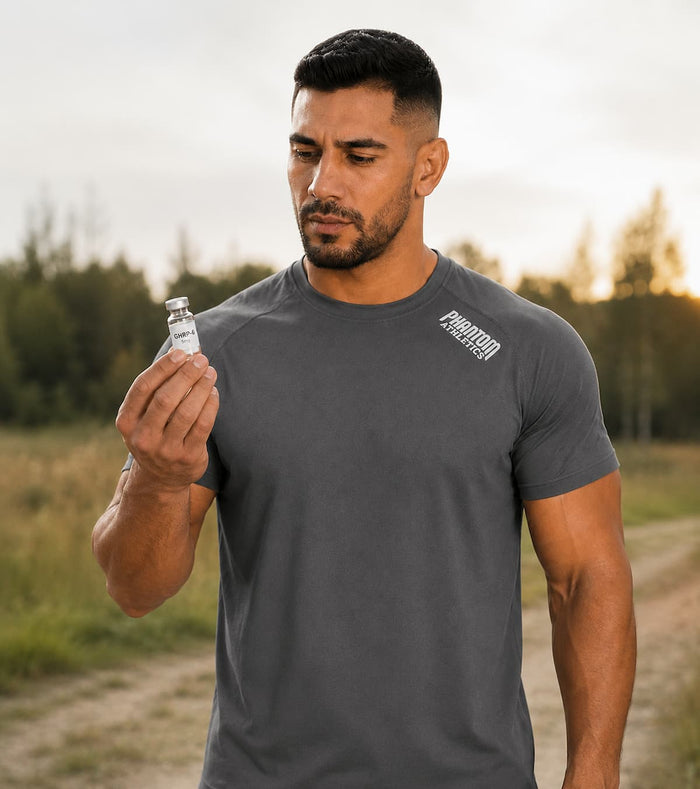 Kampfsport-Athlet mit Phantom Athletics Trainingsshirt TACTIC, der gerade das Peptid GHRP-6 in der Hand hält