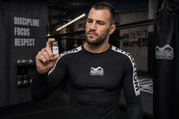 Kampfsport-Athlet mit Phantom Athletics Rashguard im Gym, der gerade das Peptid Selank in der Hand hält