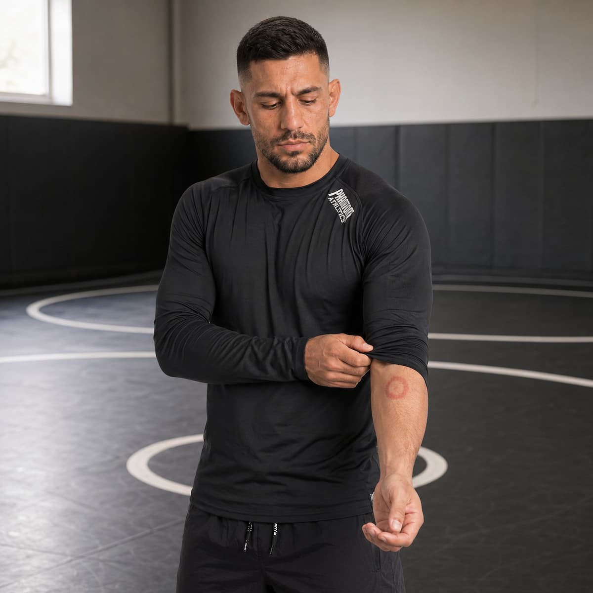 Kampfsport-Athlet mit Phantom Athletics Trainingsshirt Langarm und Trainingsshorts auf der Matte mit Ringerpilz