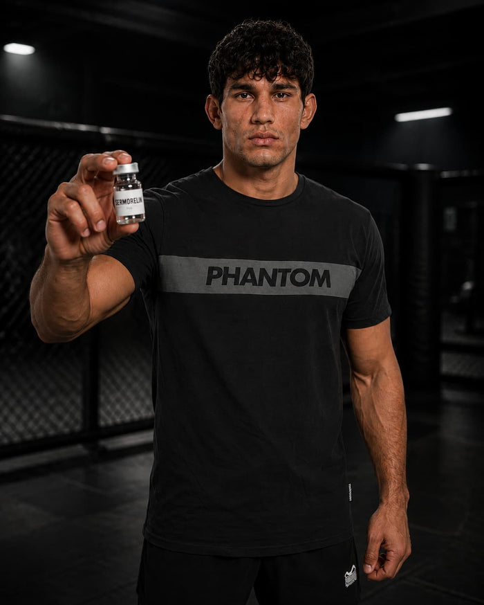 Kampfsport-Athlet mit Phantom Athletics T-Shirt und Sermorelin Peptid im Gym