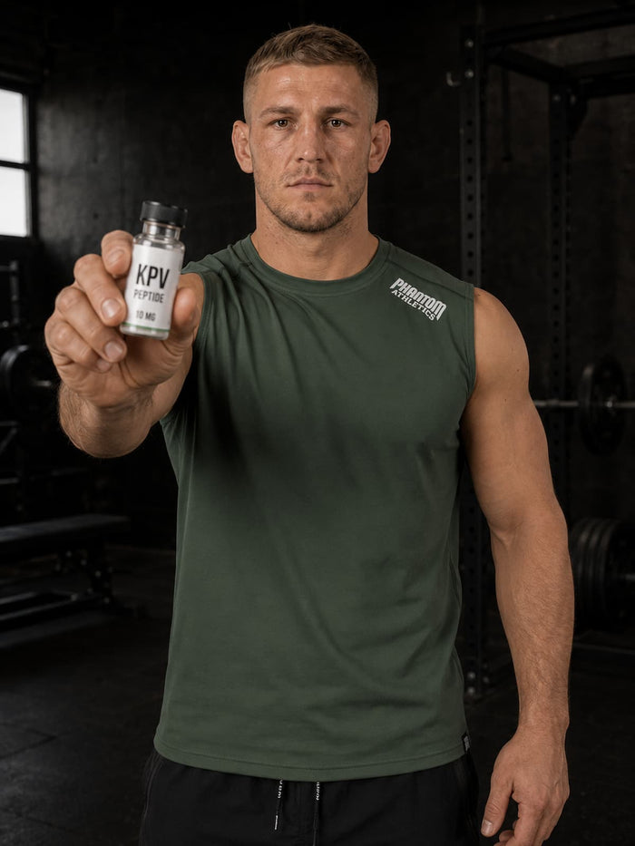 Kampfsport-Athlet mit Phantom Athletics Tanktop und KPV Peptid im Gym