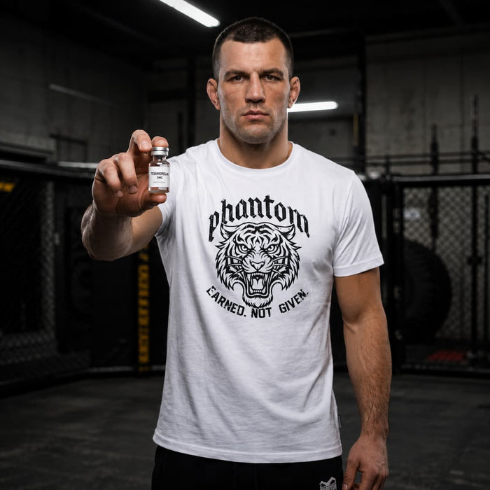 Kampfsport-Athlet mit Phantom Athletics T-Shirt und Tesamorelin Peptid im Gym
