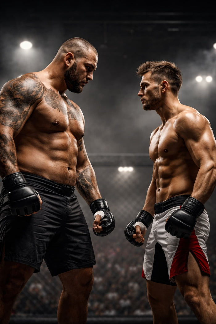 Zwei Fighter unterschiedlicher Gewichtsklassen, die sich im Ring gegenüber stehen