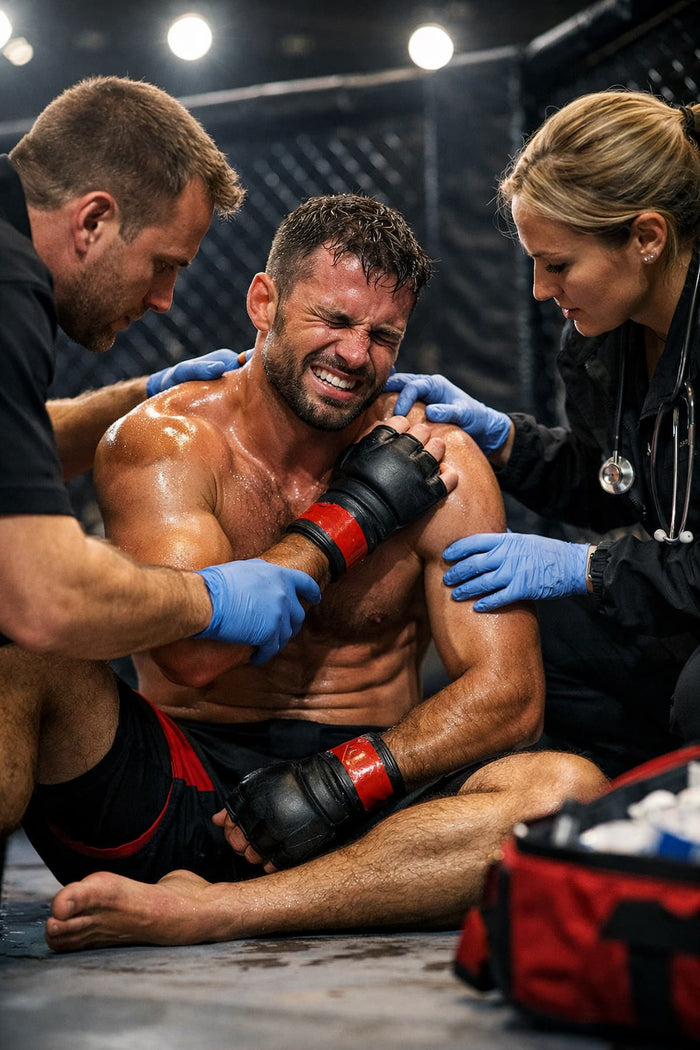 MMA-Fighter, der sich bei einem Kampf bei der Schulter verletzt hat