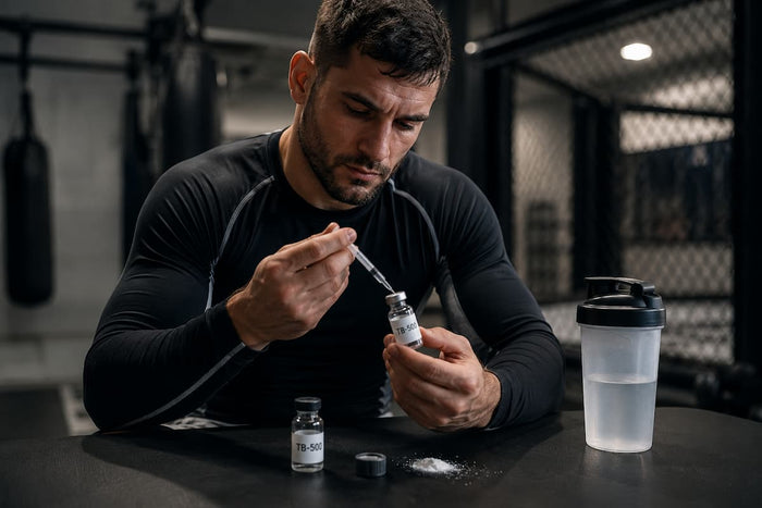 Kampfsport-Athlet im Gym, der gerade das Peptid TB-500 nimmt