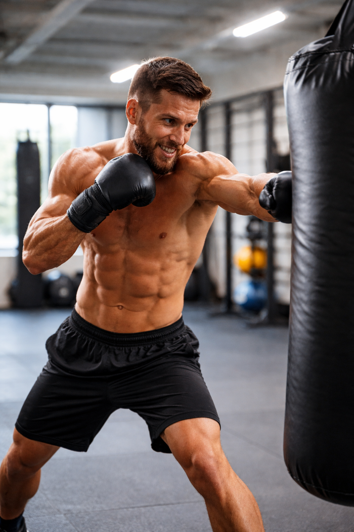 Kampfsport-Athlet beim Fitnessboxen im Gym