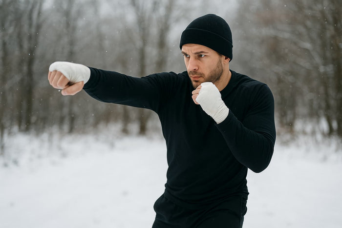 Kampfsport-Athlet mit Winterbekleidung beim Schattenboxen im Winter