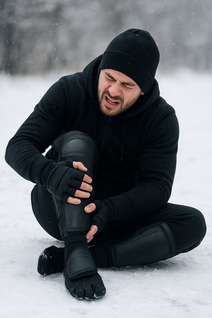 Kampfsportler mit Winterbekleidung, der sich verletzt hat