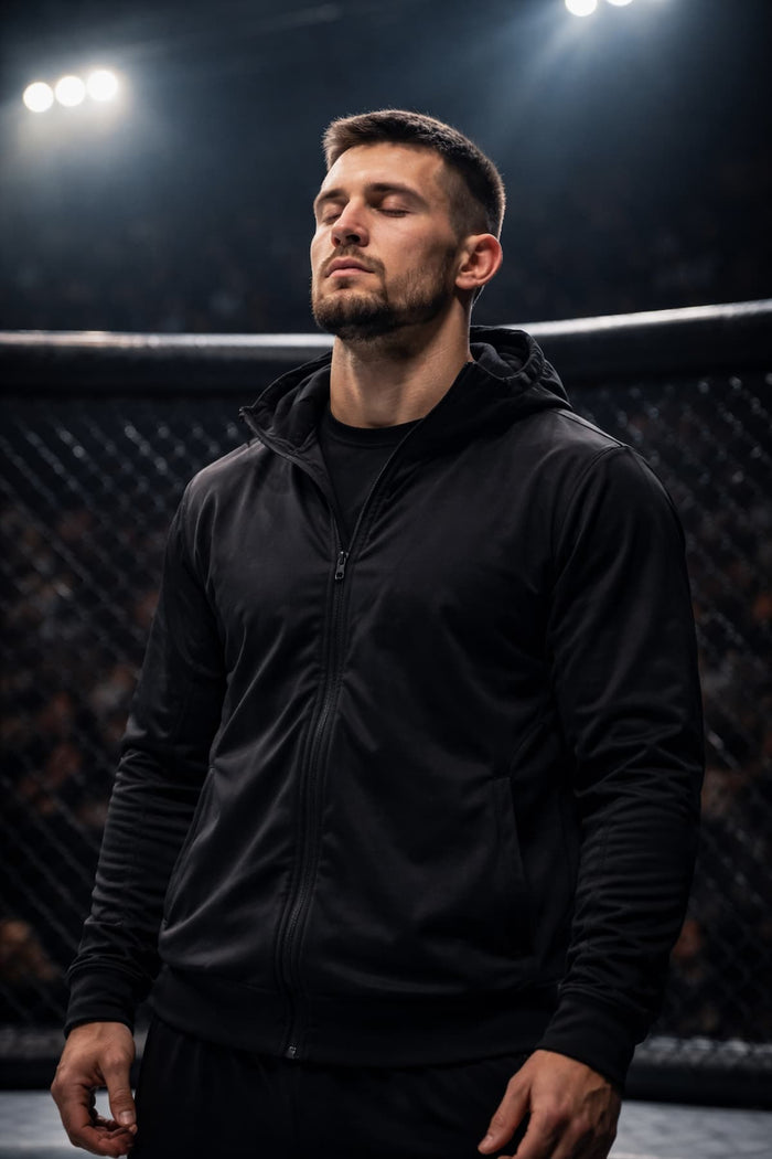 Kampfsport Athlet im Oktagon beim Visualisieren des Kampfes