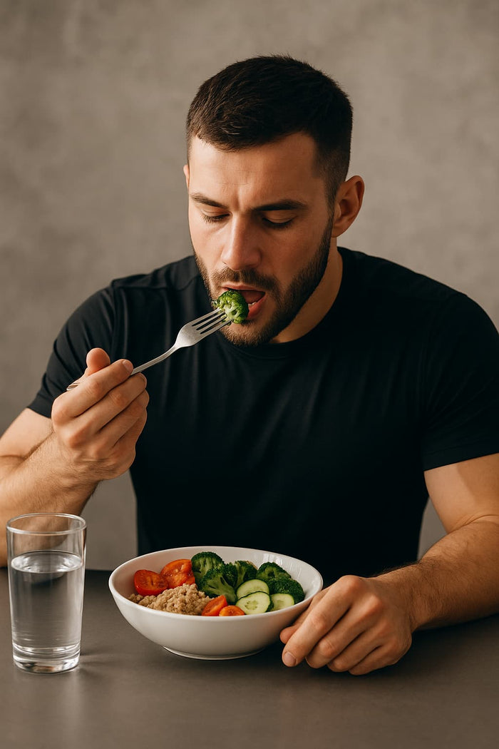 MMA-Fighter beim Essen einer gesunden und zielorientierten Mahlzeit