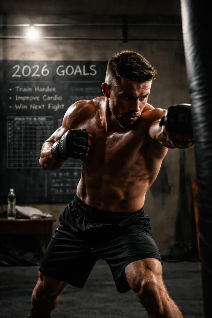 Kampfsport Athlet beim Boxtraining mit Neujahrszielen im Hintergrund