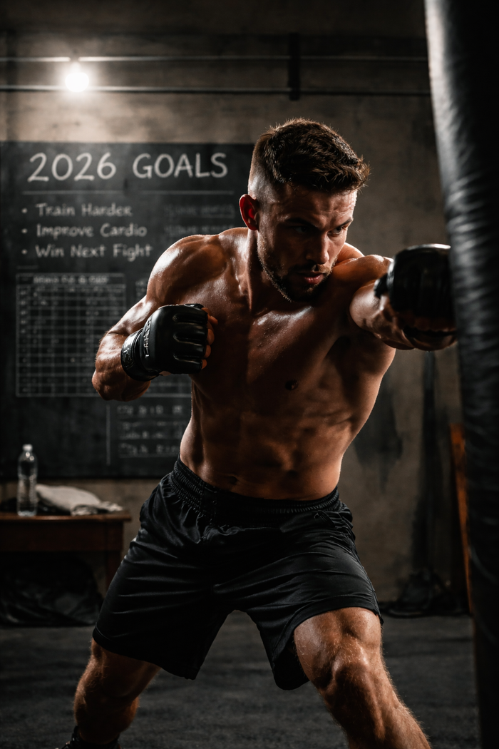 Kampfsport Athlet beim Boxtraining mit Neujahrszielen im Hintergrund