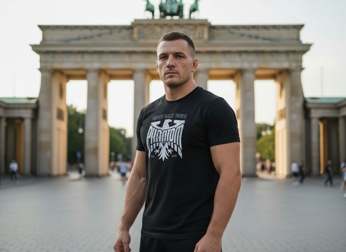 Phantom Athlet mit Phantom Athletics Germany NBD T-Shirt vor dem Brandenburger Tor in Berlin