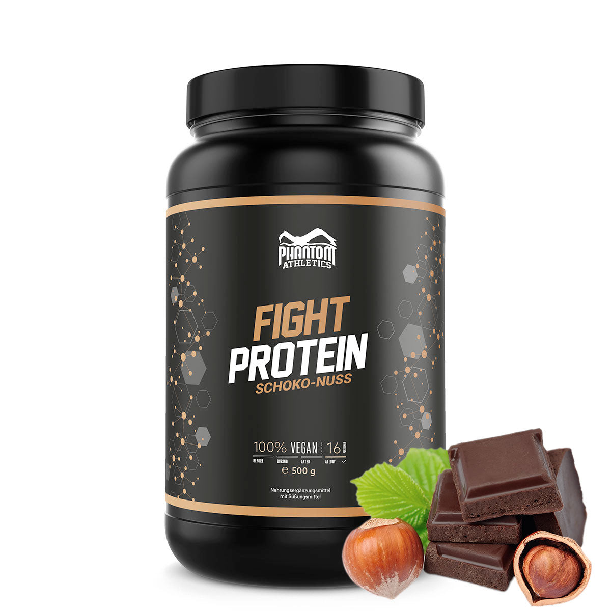 Phantom FIGHT protein for martial artists with chocolate nut flavor.