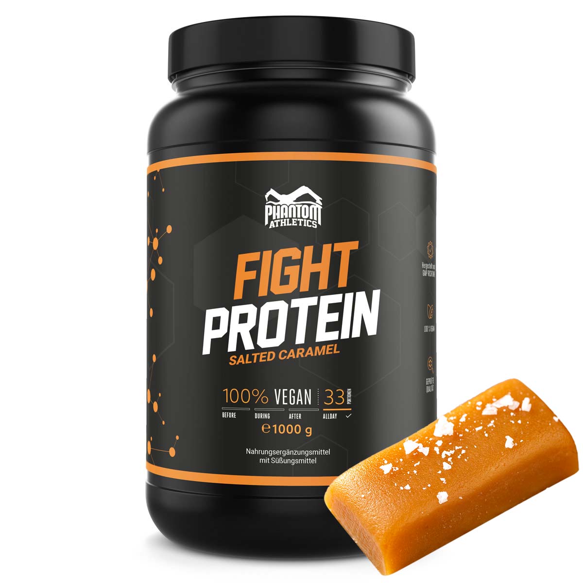 Phantom FIGHT protein for martial artists with salted caramel flavor.