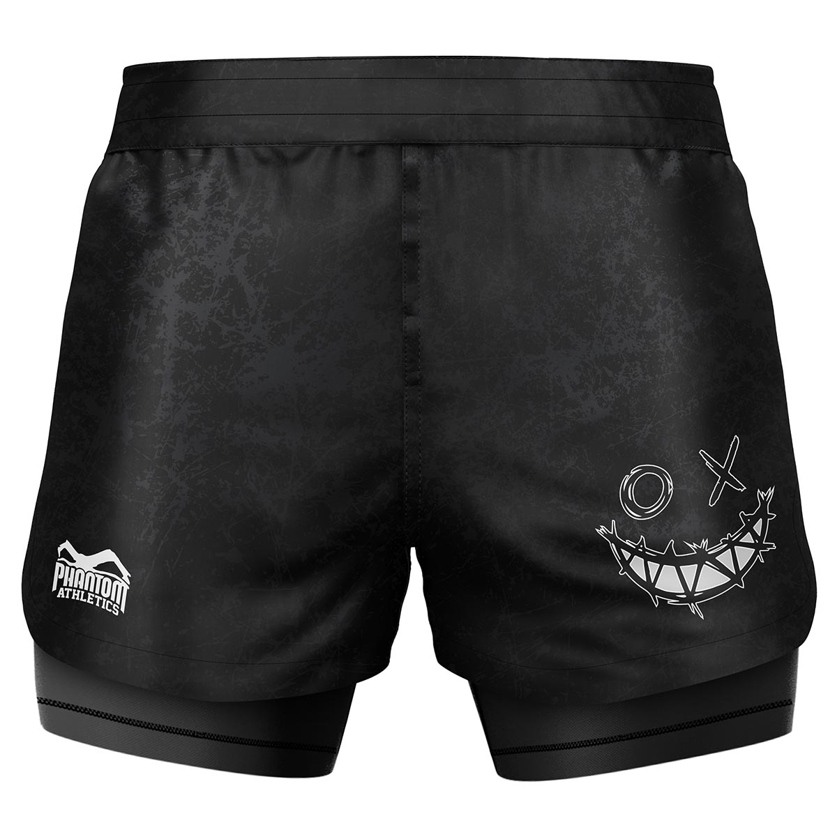 Phantom Fightshorts Fusion 2in1. Ultimate shorts for your martial arts with integrated compression shorts. Ideal for MMA, BJJ, wrestling, grappling or Muay Thai. In black with serious smiley design.