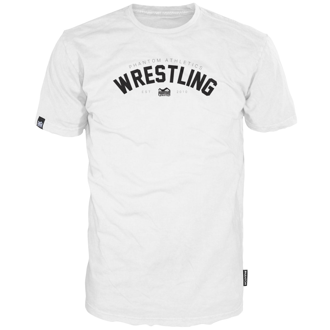 Weißes Phantom Athletics T-Shirt mit Wrestling-Print – ideal für Grappling, MMA und Kampfsporttraining. Leichtes, atmungsaktives Material sorgt für hohen Komfort bei intensiven Einheiten.