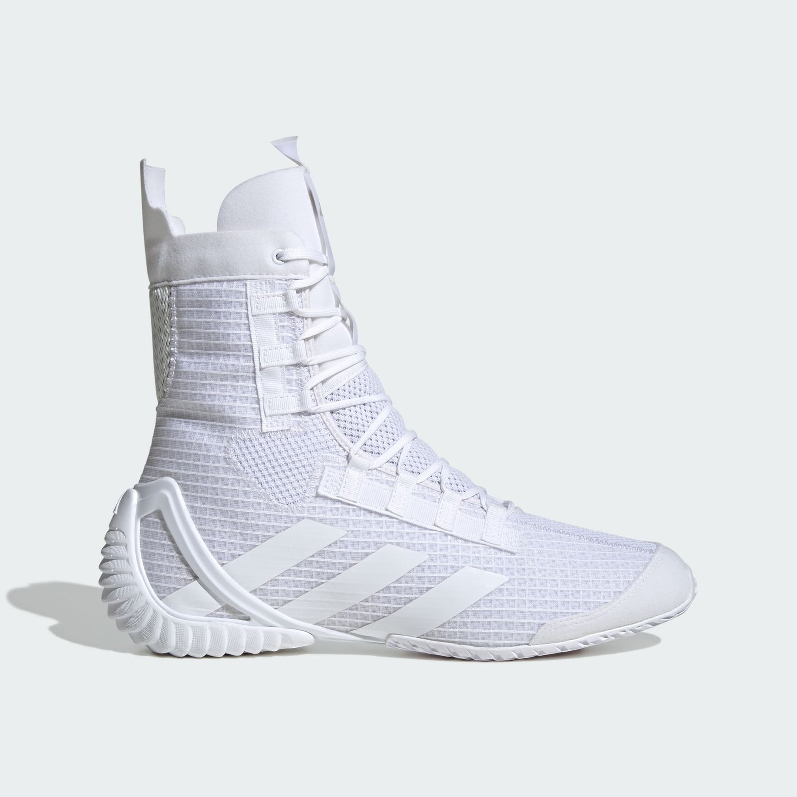 Adidas Speedex 23 Boxschuhe in Weiß – ultraleicht und reaktionsschnell für schnelle Fußarbeit im Ring. Ideal für Wettkampf, Techniktraining und Sparring im Boxen oder Kickboxen.
