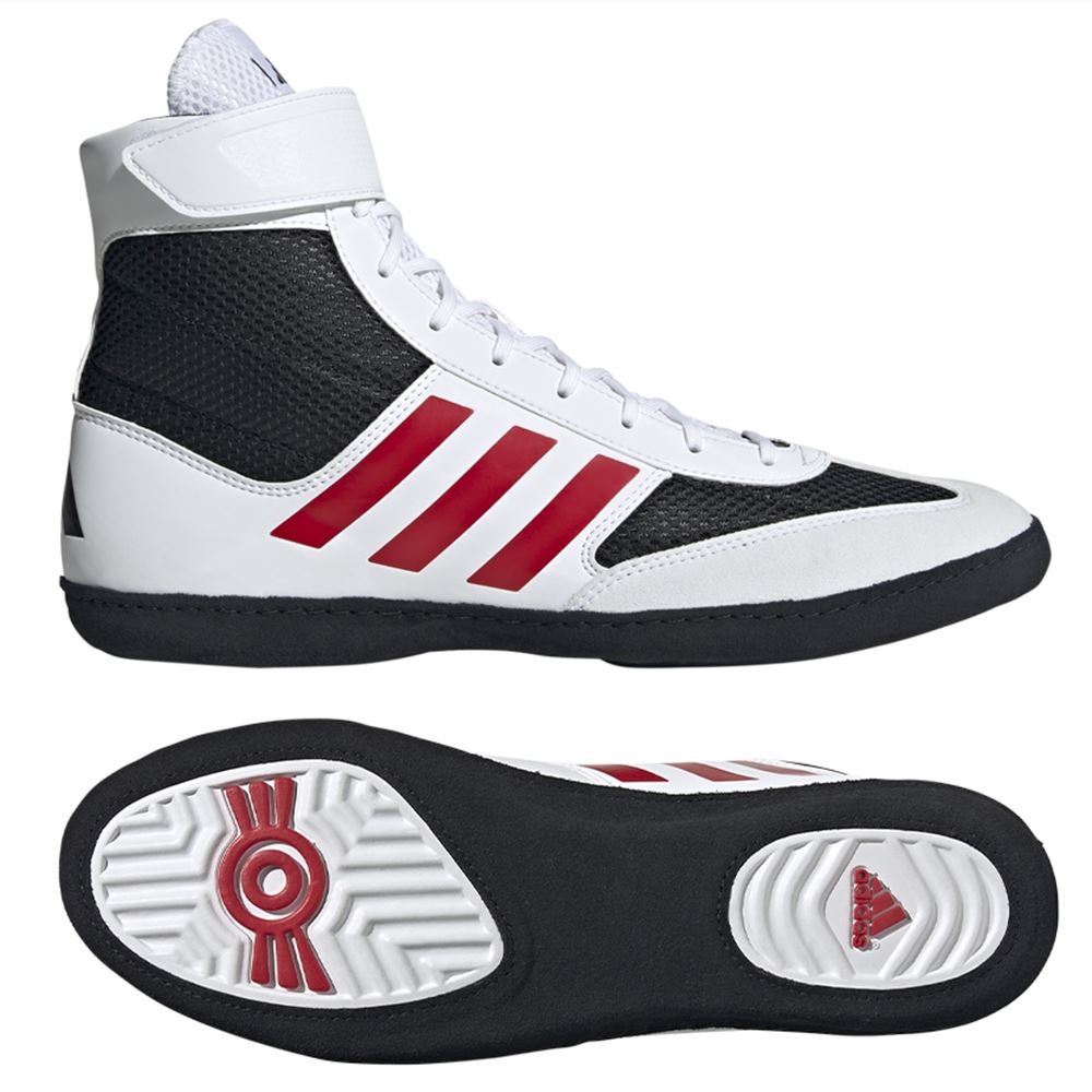 Les chaussures de lutte Adidas Combat Speed ​​​​5 (CS5) font partie de nos best-sellers absolus. Ici dans la couleur noir/blanc/rouge. La combinaison de qualité, de stabilité à l'entraînement et en compétition ainsi qu'un prix imbattable font de la chaussure de lutte Adidas Combat Speed ​​​​un incontournable pour tout lutteur.