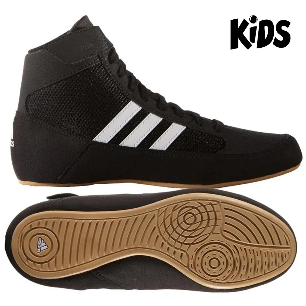 Kinder Ringerschuhe Adidas Havoc in Schwarz, ideal für junge Ringer und Grappler. Diese leichten und strapazierfähigen Schuhe bieten optimalen Halt, Stabilität und Komfort für Training und Wettkämpfe.