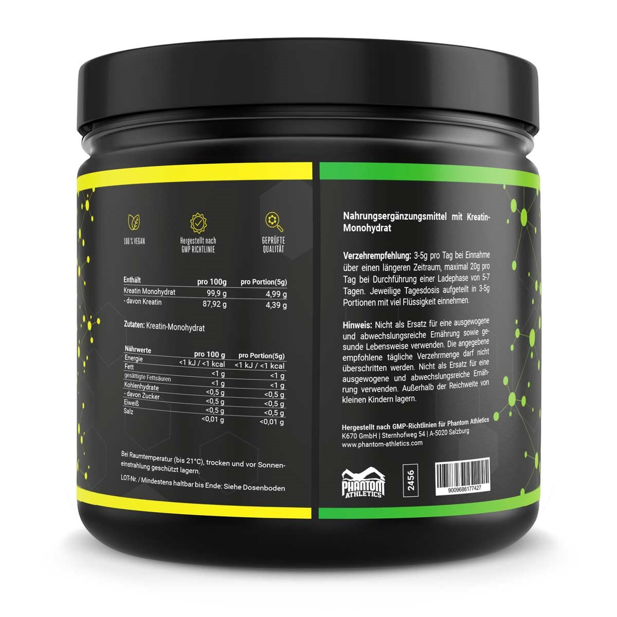 Phantom Kreatin Monohydrat Pulver für mehr Power und Energie im Kampfsport mit hochwertigen Inhaltsstoffen.