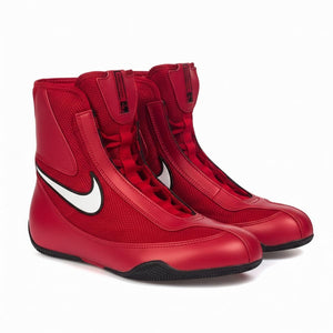 Leistungsstarke Boxschuhe „Nike Oly Mid“ in Rot für intensives Box- und Kampfsporttraining. Sorgen für optimalen Grip, Komfort und Bewegungsfreiheit beim Sparring, MMA und Fitness-Einheiten.