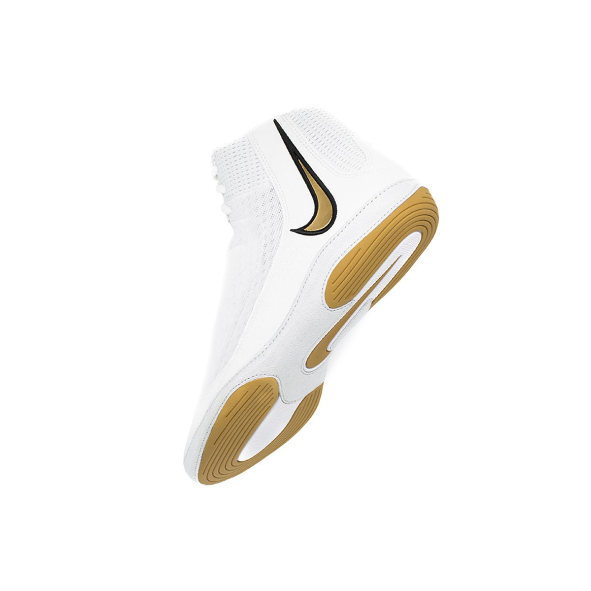 Hohe Markenqualität trifft auf technische Exzellenz: Die Nike Inflict 4 in Weiß/Gold unterstützen Athleten im Kampfsport mit hervorragender Belüftung, stabiler Fußführung und direktem Grip auf der Matte.