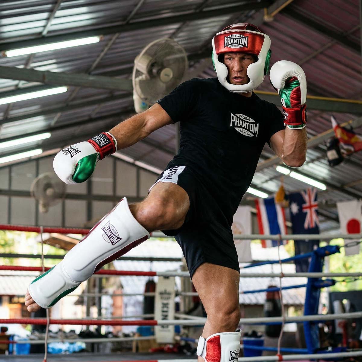 Der Phantom Athletics Schienbeinschutz Mexico in Weiß/Rot/Grün bietet zuverlässigen Schutz für intensives Training im Muay Thai, Kickboxen und MMA. Die starke Polsterung an Schienbein und Spann absorbiert harte Kicks effektiv und sorgt für sicheres Sparring auf hohem Niveau.