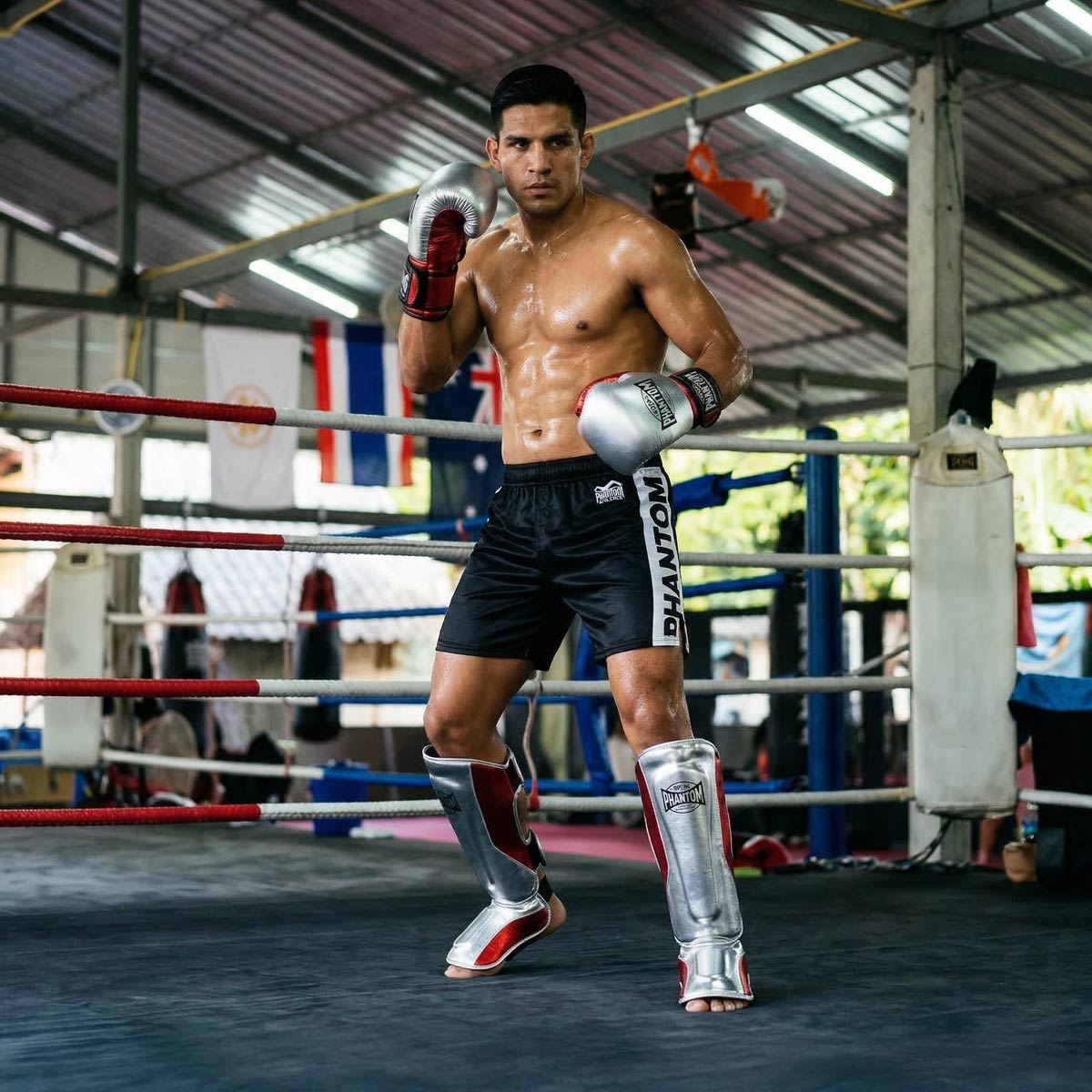 Der Phantom Athletics Schienbeinschutz Mexico in Silber/Rot bietet zuverlässigen Schutz für intensives Training im Muay Thai, Kickboxen und MMA. Die starke Polsterung an Schienbein und Spann absorbiert harte Kicks effektiv und sorgt für sicheres Sparring auf hohem Niveau.