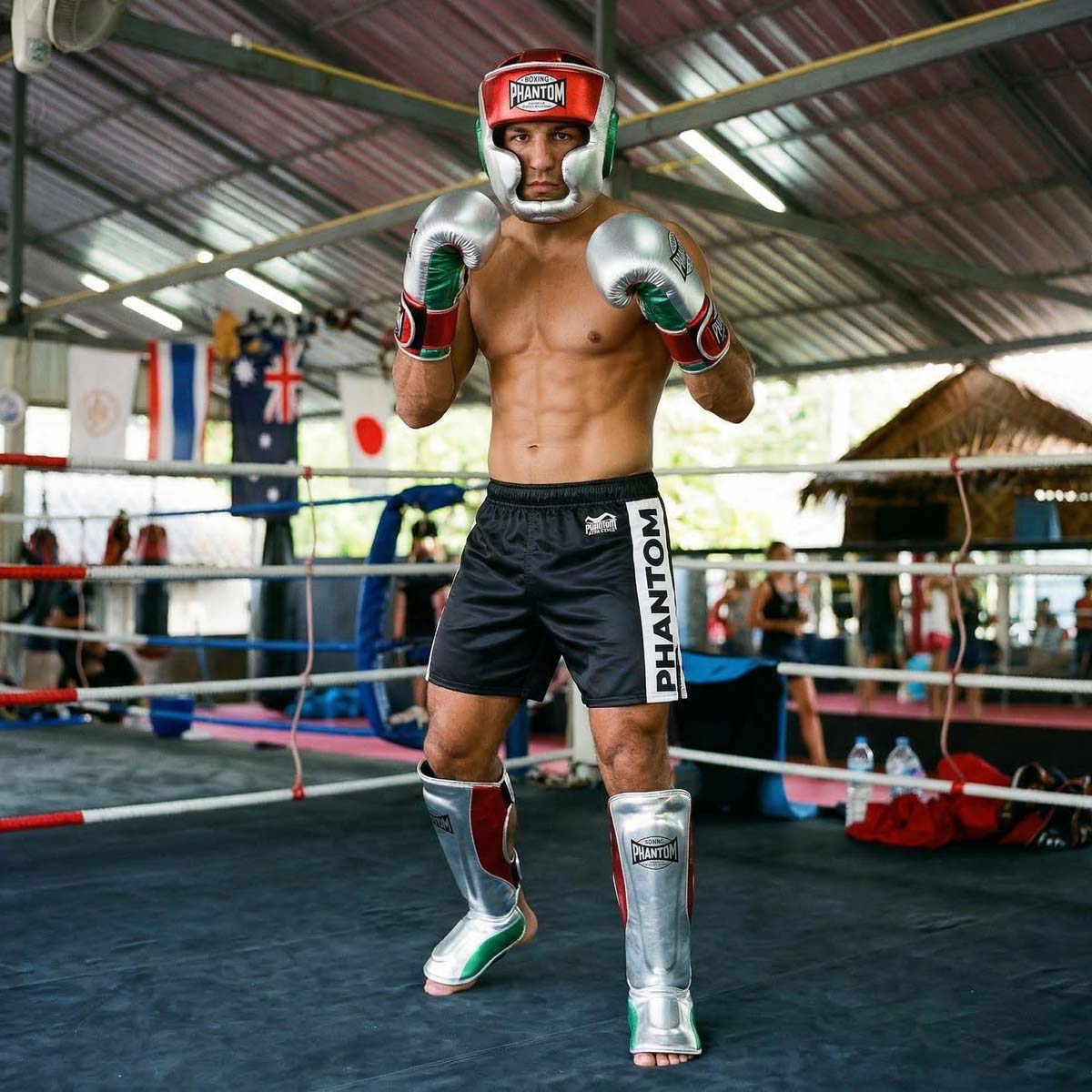 Der Phantom Athletics Schienbeinschutz Mexico in Silber/Grün/Rot bietet zuverlässigen Schutz für intensives Training im Muay Thai, Kickboxen und MMA. Die starke Polsterung an Schienbein und Spann absorbiert harte Kicks effektiv und sorgt für sicheres Sparring auf hohem Niveau.