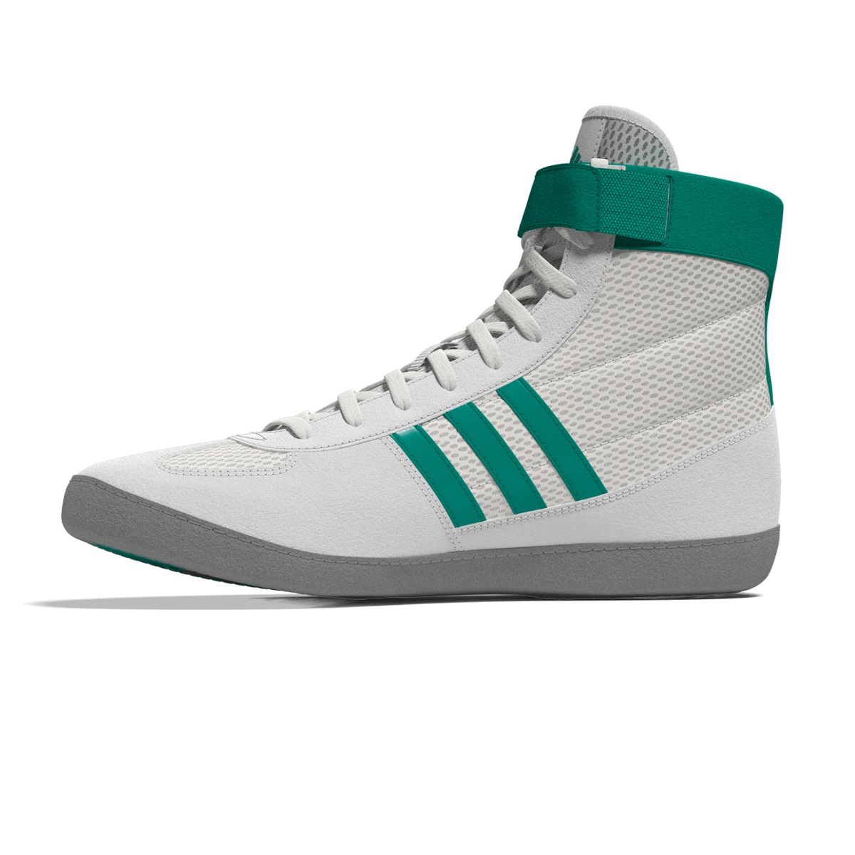 Leichte und strapazierfähige Wrestling-Schuhe Adidas Combat Speed 4 in Weiß mit grünen Akzenten – ideal für professionelles Sparring und Wettkämpfe.