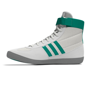 Leichte und strapazierfähige Wrestling-Schuhe Adidas Combat Speed 4 in Weiß mit grünen Akzenten – ideal für professionelles Sparring und Wettkämpfe.