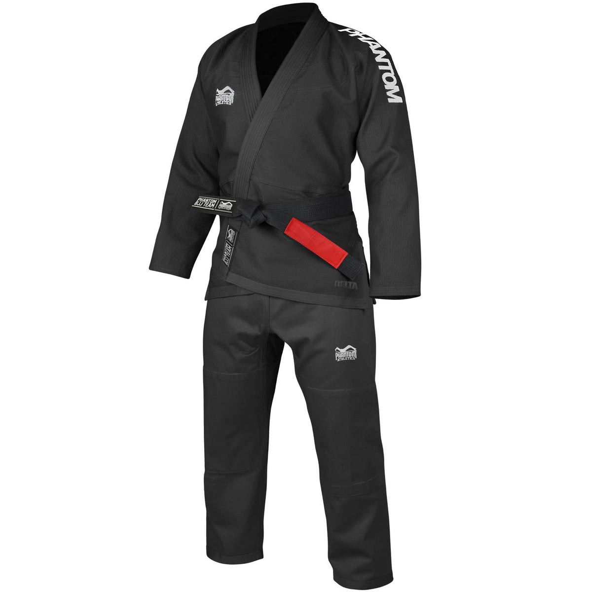 Hochwertiger BJJ‑Gi „Delta Black“ von Phantom Athletics – aus 450 gsm Pearl Weave‑Jacke und 8 oz Ripstop‑Hose gefertigt, IBJJF‑konform für Training, Grappling und Wettkampf im Kampfsport.